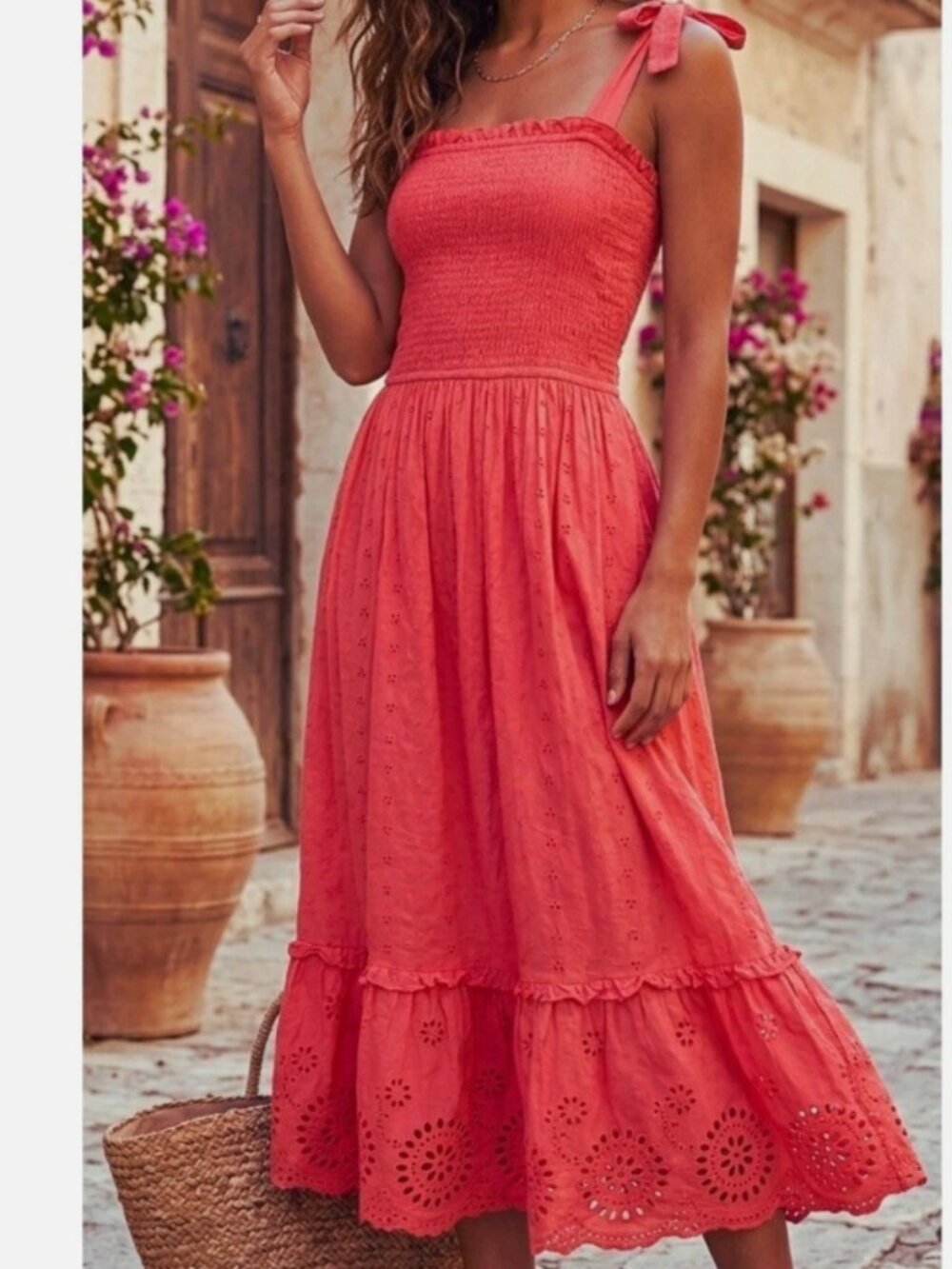 Jessica Simpson Midi Dress Small Pink Cotton Eyelet Peplum Cottagecore Smocked